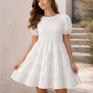 Zara White Textured Babydoll Mini Dress Puff Sleeve Size M Like New